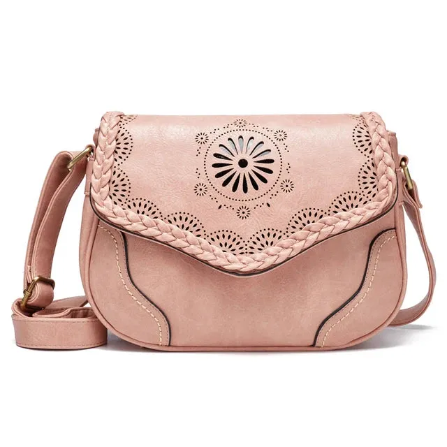 Shoulder Bag Vintage PU Leather Crossbody Bag Hollow Out Satchel Bag Brown Retro Handbag