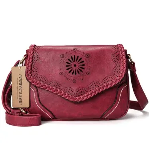 Shoulder Bag Vintage PU Leather Crossbody Bag Hollow Out Satchel Bag Brown Retro Handbag