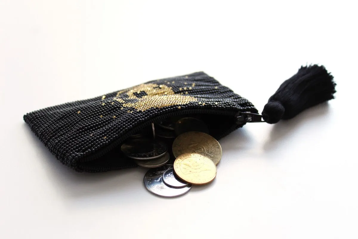 Skull Glass Bead Coin Purse - GOLD ON BLACK