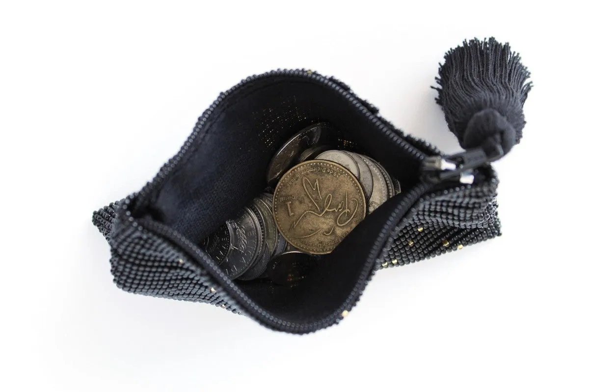 Skull Glass Bead Coin Purse - GOLD ON BLACK