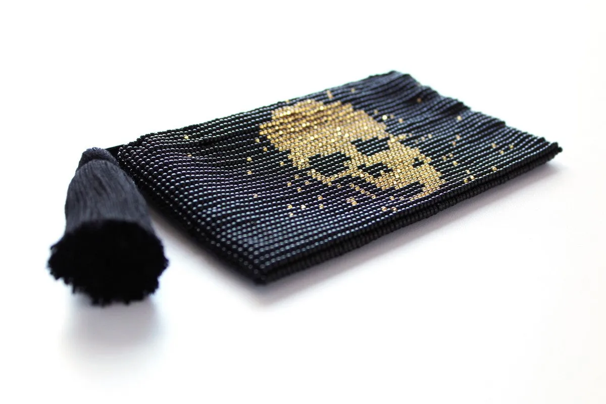 Skull Glass Bead Coin Purse - GOLD ON BLACK