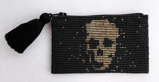 Skull Glass Bead Coin Purse - GOLD ON BLACK