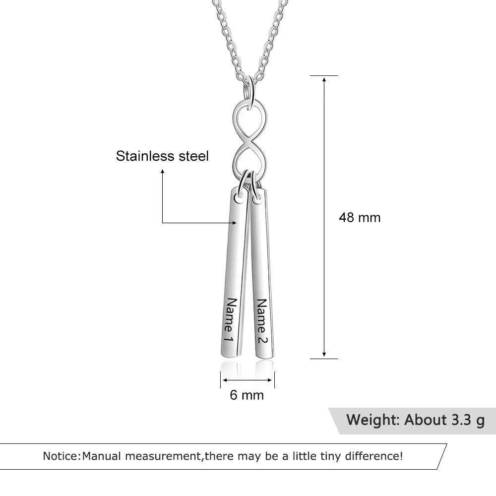 Stainless Steel Infinity Initial Name Vertical Bar Pendant Necklace, Fashion Jewelry Gift for Women.