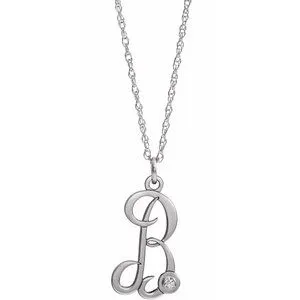 Sterling Silver .02 CT Diamond Script Initial B 16-18" Necklace