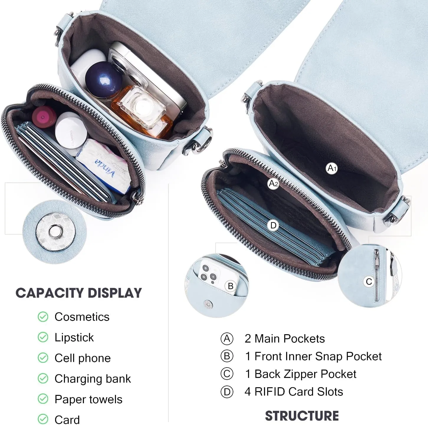 Trendy Leather Crossbody Bags for Women, Triple Compartment Cell Phone Crossbody