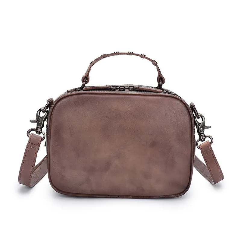 Vintage Brown Leather Womens Around Handbag Shoulder Bags Crossbody Purse for Women