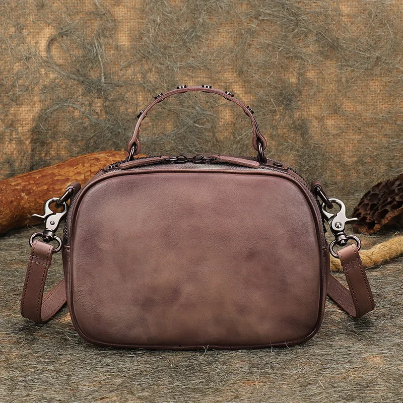 Vintage Brown Leather Womens Around Handbag Shoulder Bags Crossbody Purse for Women