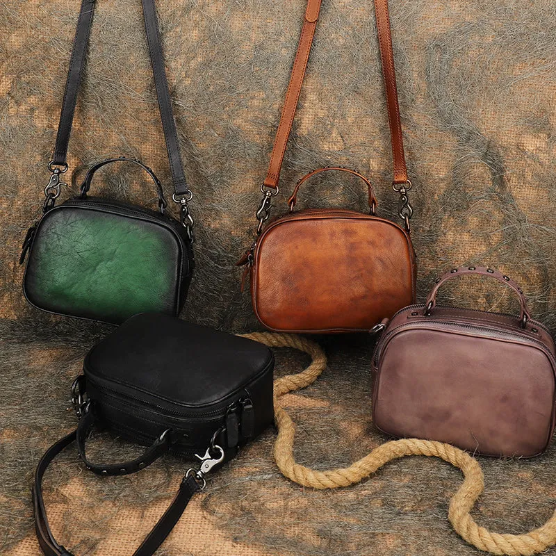 Vintage Brown Leather Womens Around Handbag Shoulder Bags Crossbody Purse for Women