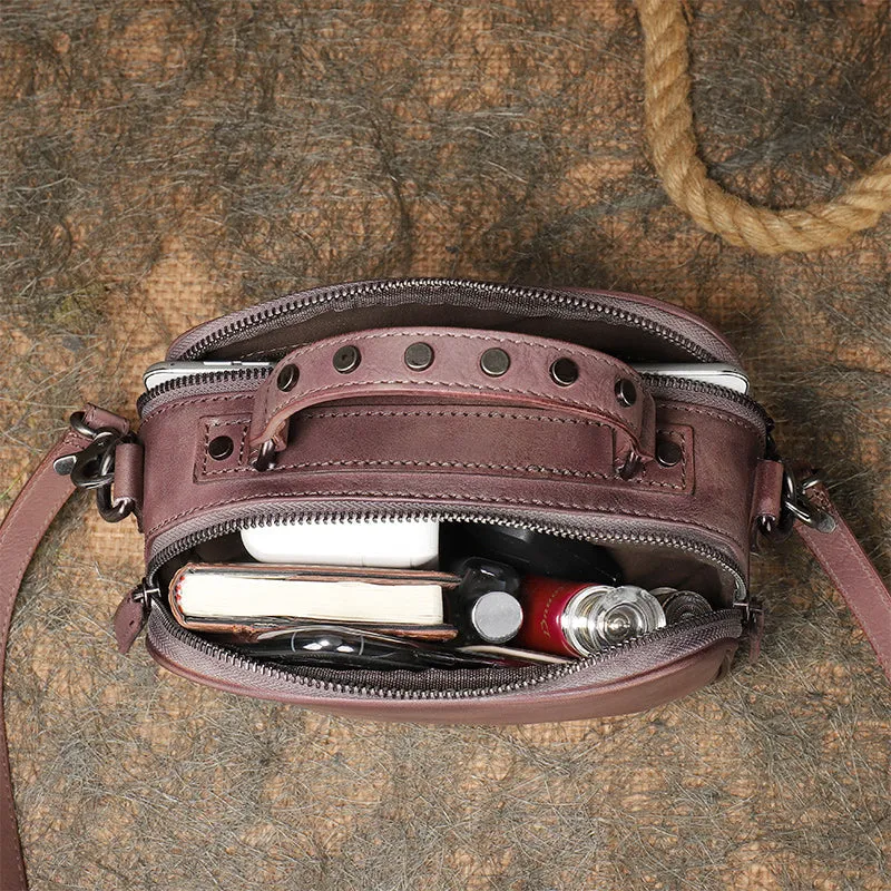 Vintage Brown Leather Womens Around Handbag Shoulder Bags Crossbody Purse for Women