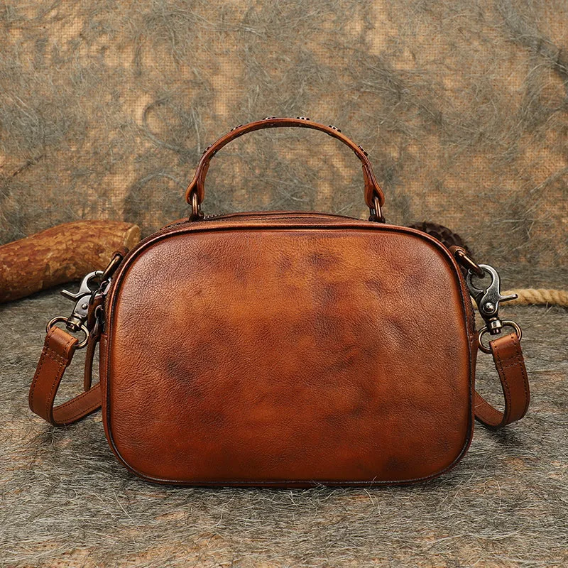 Vintage Brown Leather Womens Around Handbag Shoulder Bags Crossbody Purse for Women