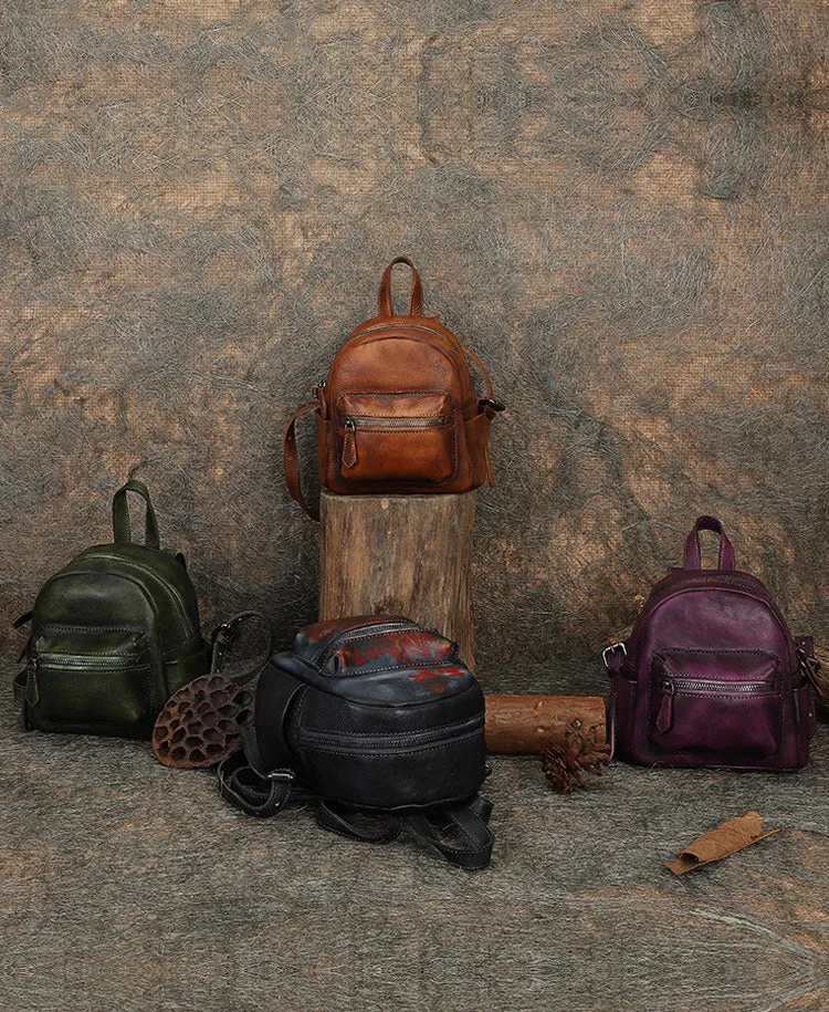 Vintage Brown Small Leather Rucksack Womens Mini Leather Backpack Ladies Backpack Purses
