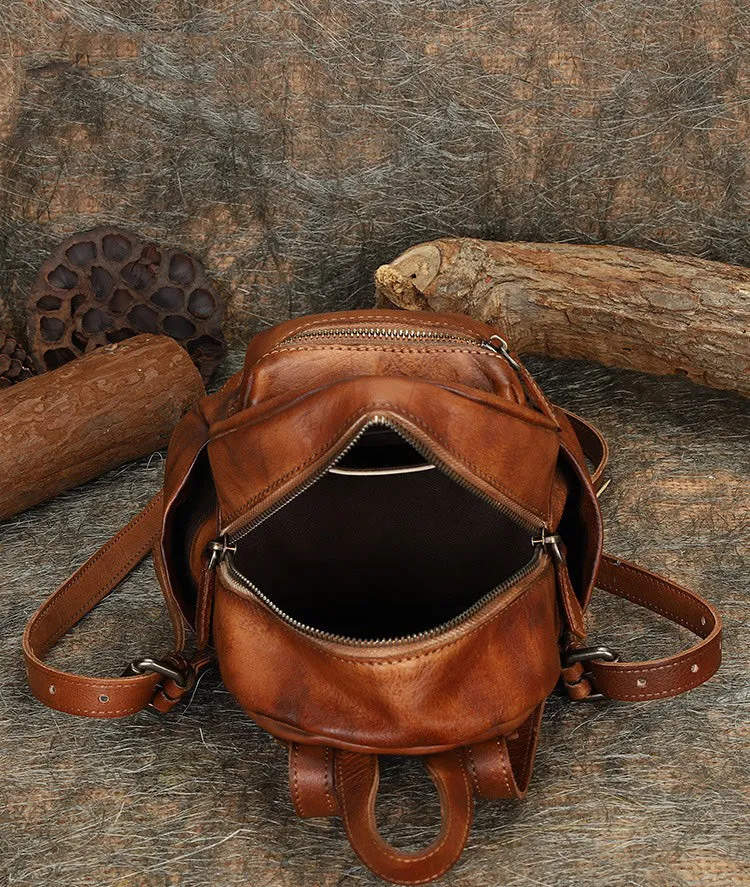 Vintage Brown Small Leather Rucksack Womens Mini Leather Backpack Ladies Backpack Purses