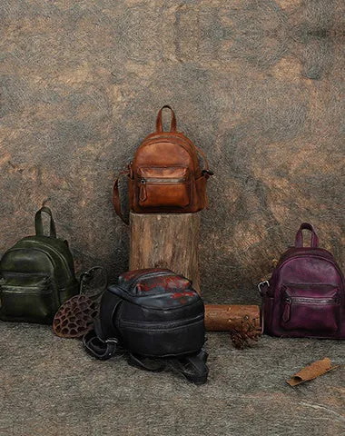Vintage Brown Small Leather Rucksack Womens Mini Leather Backpack Ladies Backpack Purses