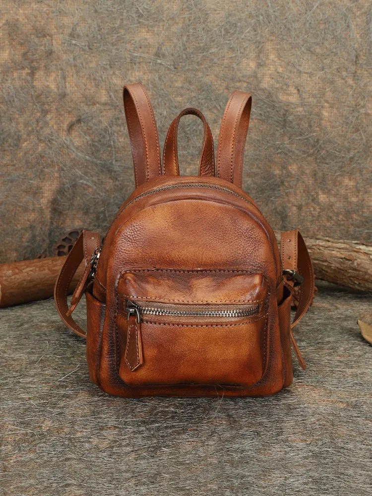 Vintage Brown Small Leather Rucksack Womens Mini Leather Backpack Ladies Backpack Purses