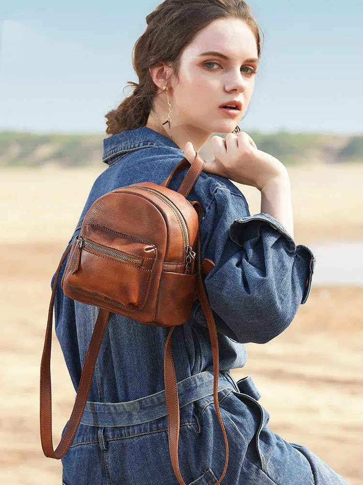 Vintage Brown Small Leather Rucksack Womens Mini Leather Backpack Ladies Backpack Purses
