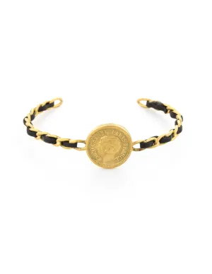 Vintage Chanel Coco Coin Cuff c1995 Chain Link Leather Bracelet Yellow Gold Tone