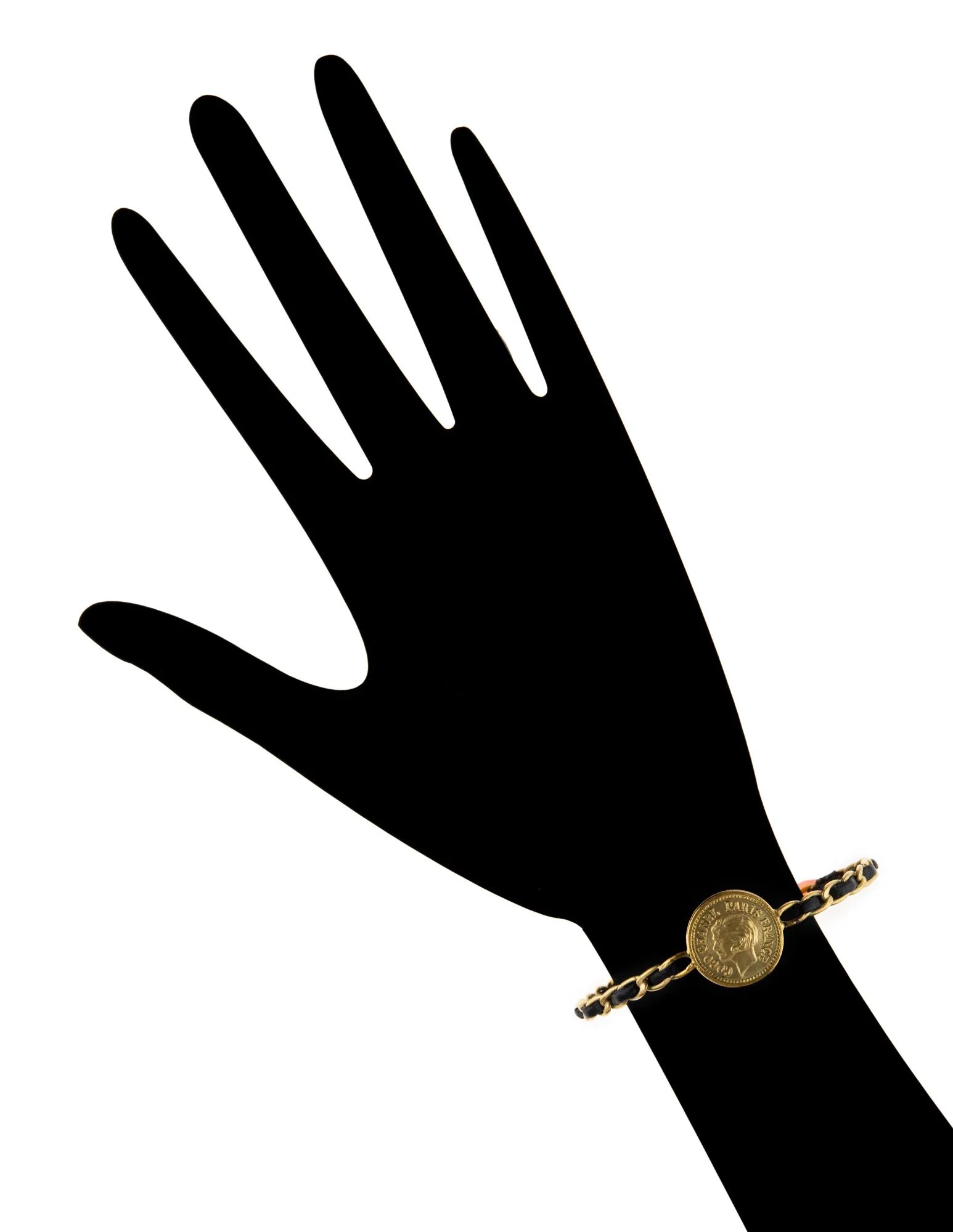 Vintage Chanel Coco Coin Cuff c1995 Chain Link Leather Bracelet Yellow Gold Tone