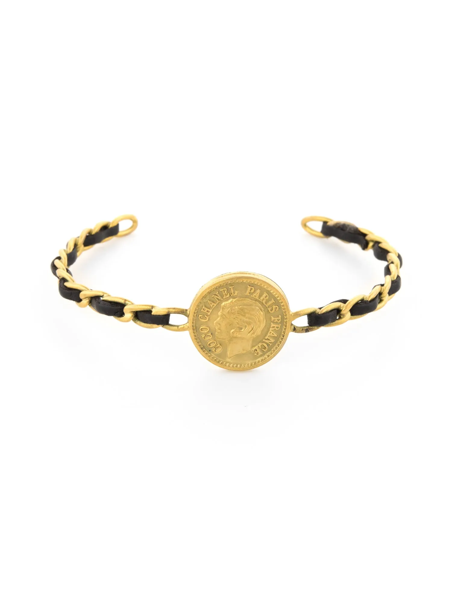 Vintage Chanel Coco Coin Cuff c1995 Chain Link Leather Bracelet Yellow Gold Tone