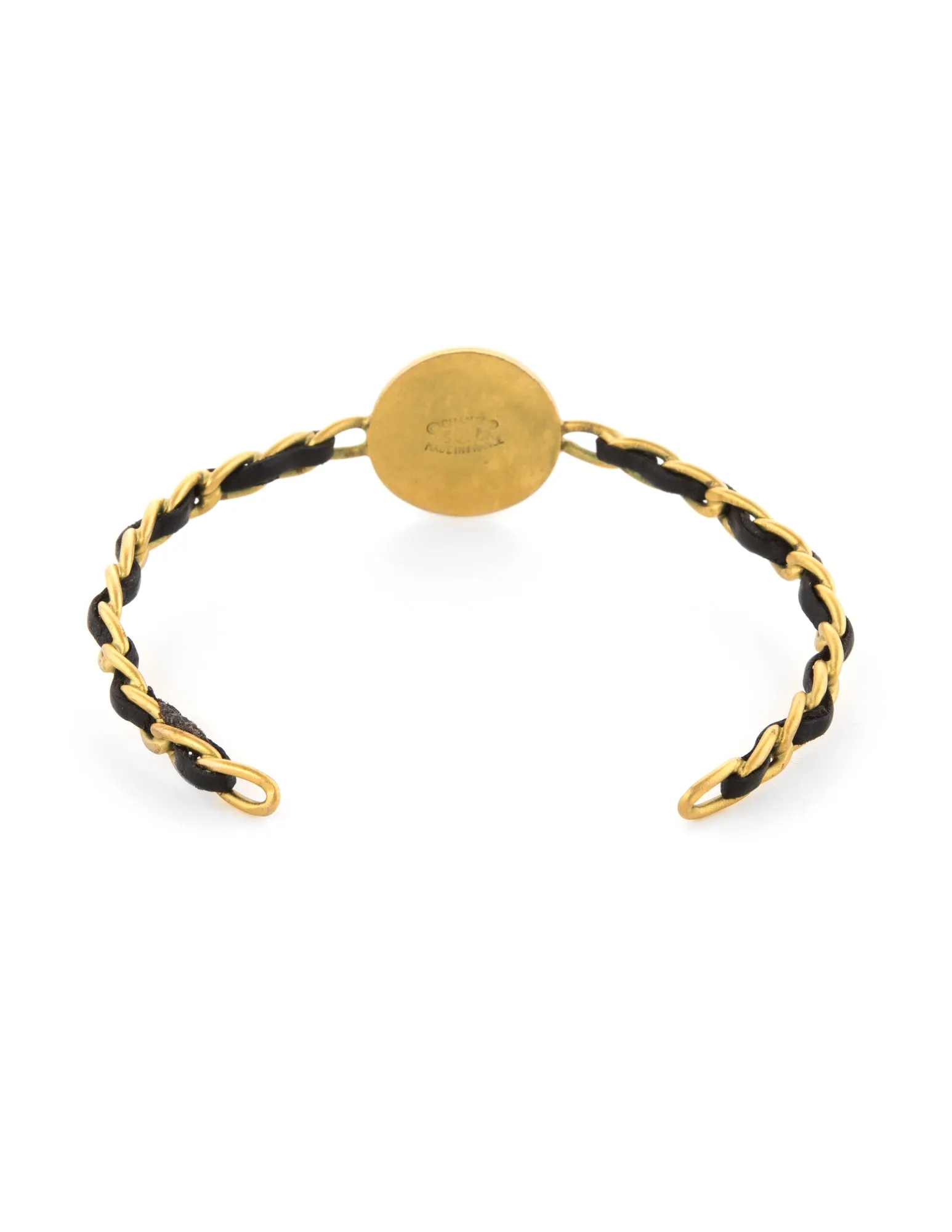 Vintage Chanel Coco Coin Cuff c1995 Chain Link Leather Bracelet Yellow Gold Tone