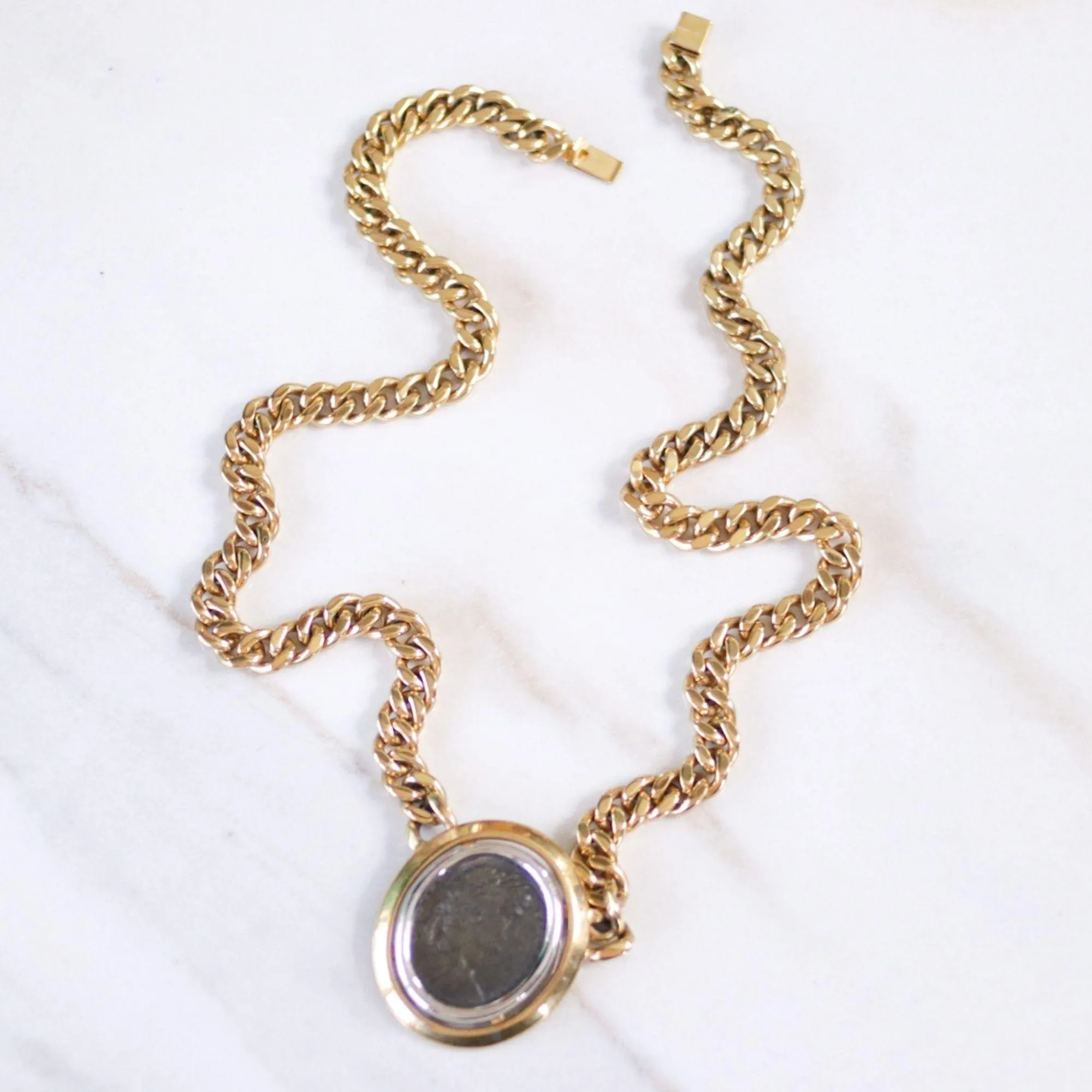 Vintage Ciner Etruscan Coin Gold with Silver Statement Necklace