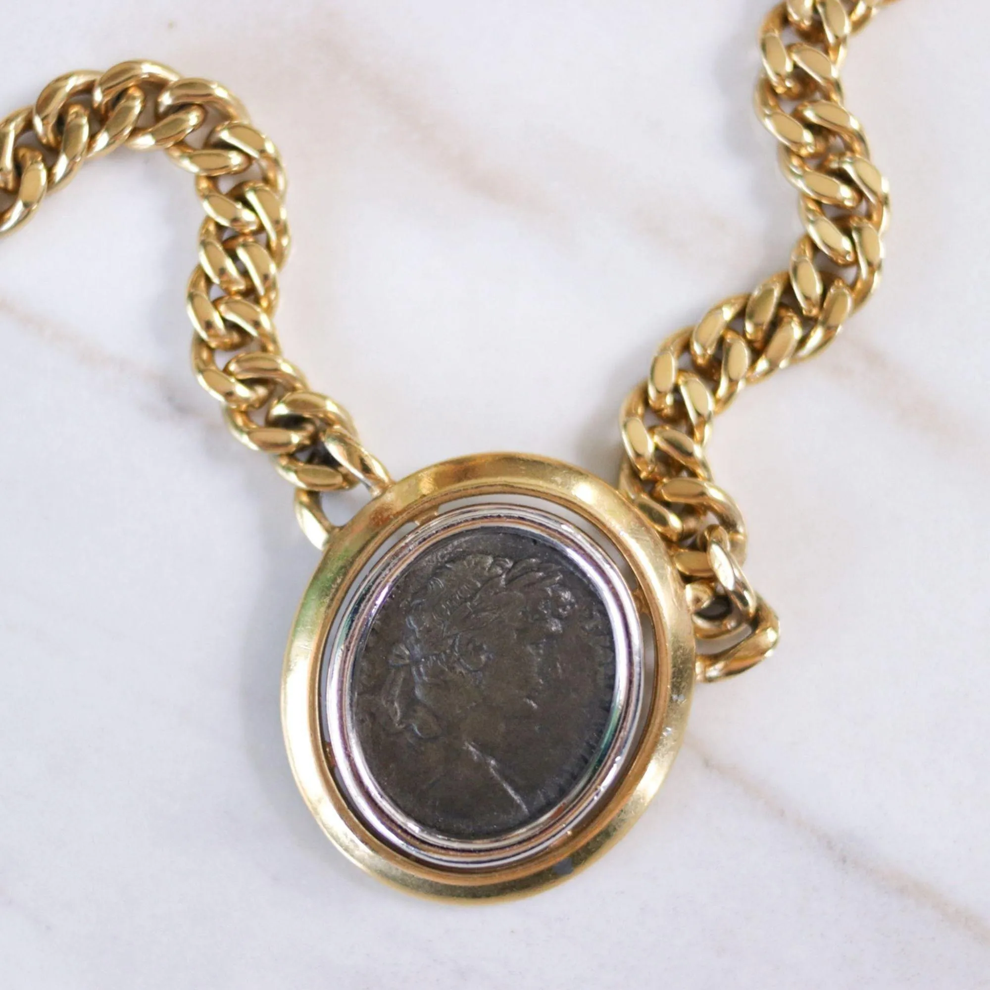 Vintage Ciner Etruscan Coin Gold with Silver Statement Necklace