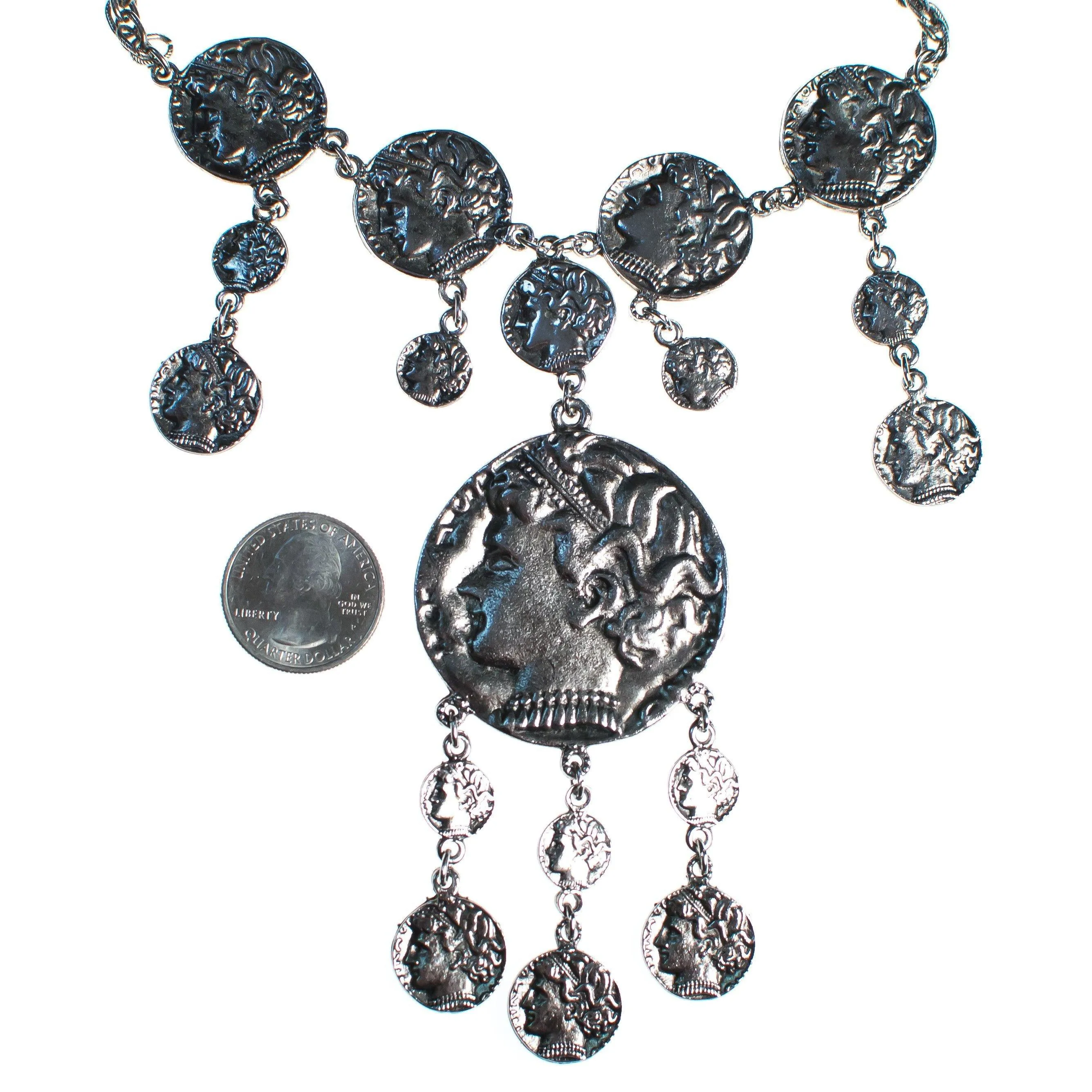 Vintage Crown Trifari Silver Coin Statement Necklace
