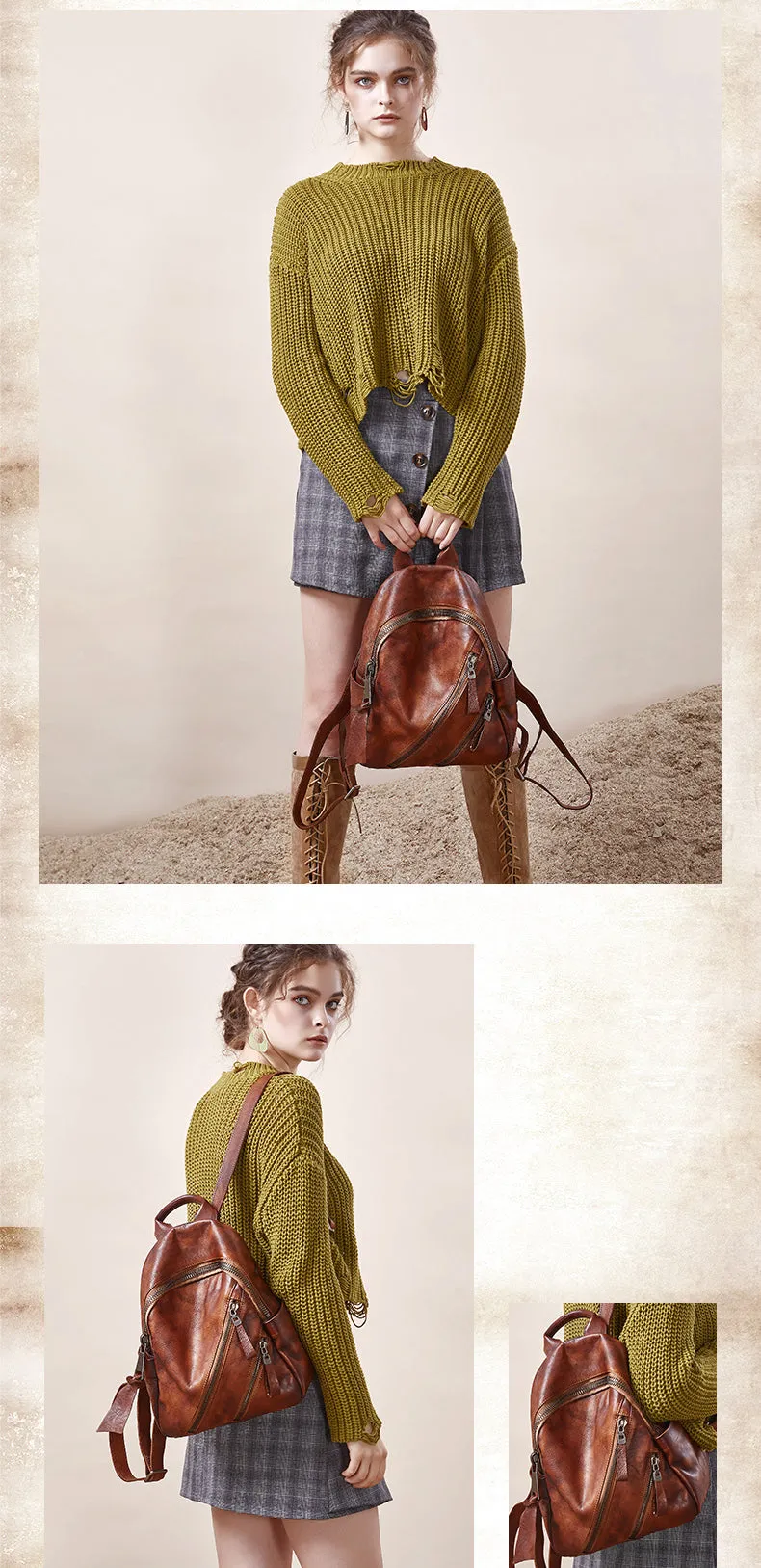 Vintage Dark Gray Leather Rucksack Bag Womens Best School Backpack Ladies Leather Backpack Purses