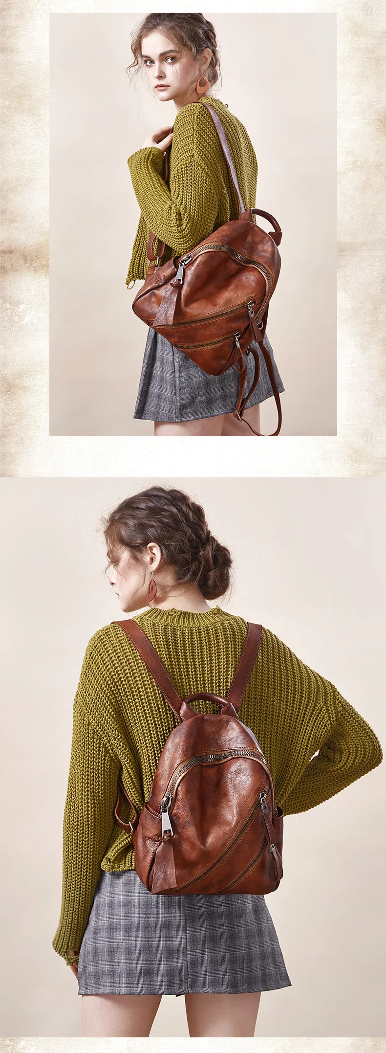 Vintage Dark Gray Leather Rucksack Bag Womens Best School Backpack Ladies Leather Backpack Purses