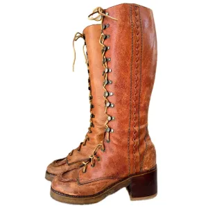 Vintage Lace Up Tall Brown Leather Boots