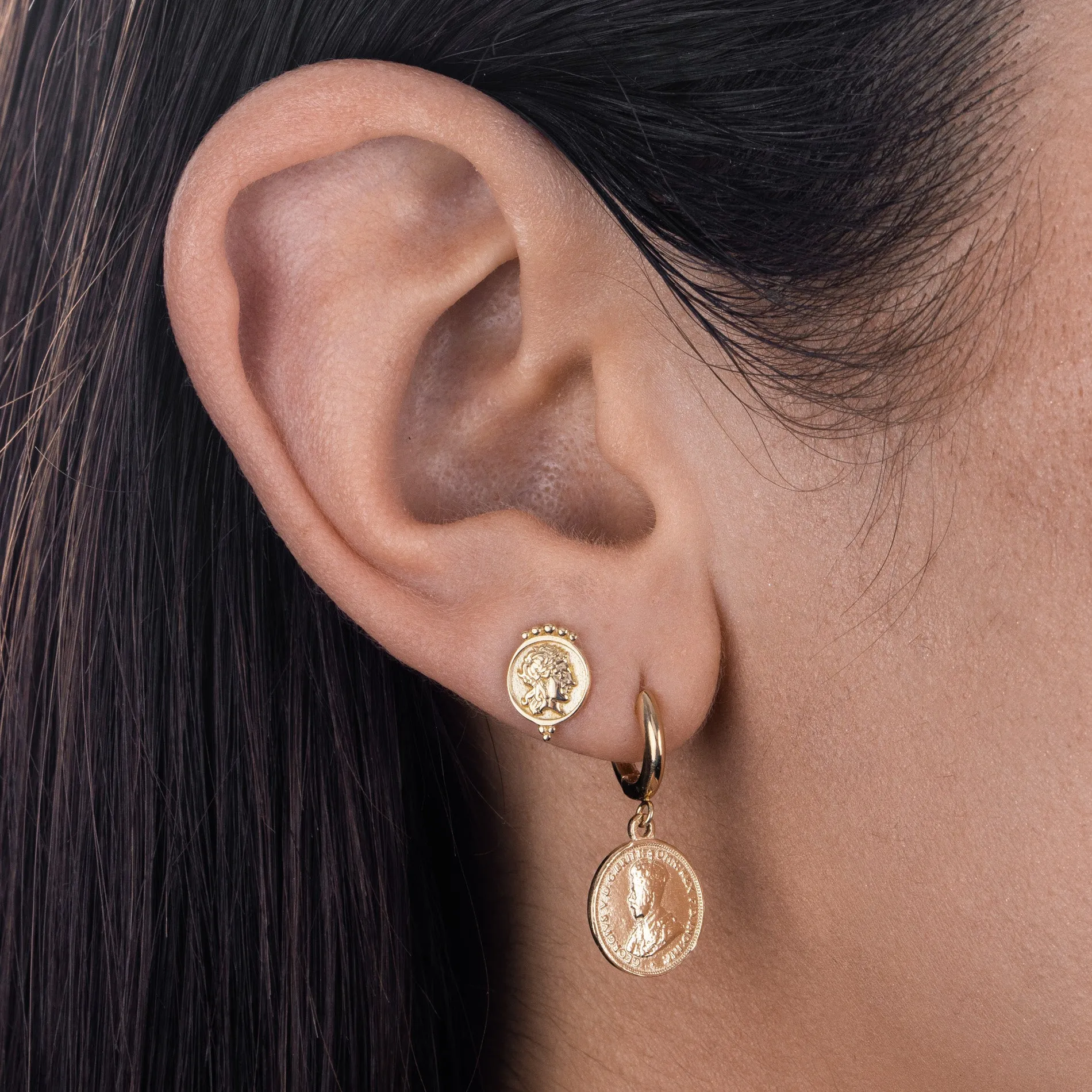 Vintage Mini Coin Huggie Earring 14K