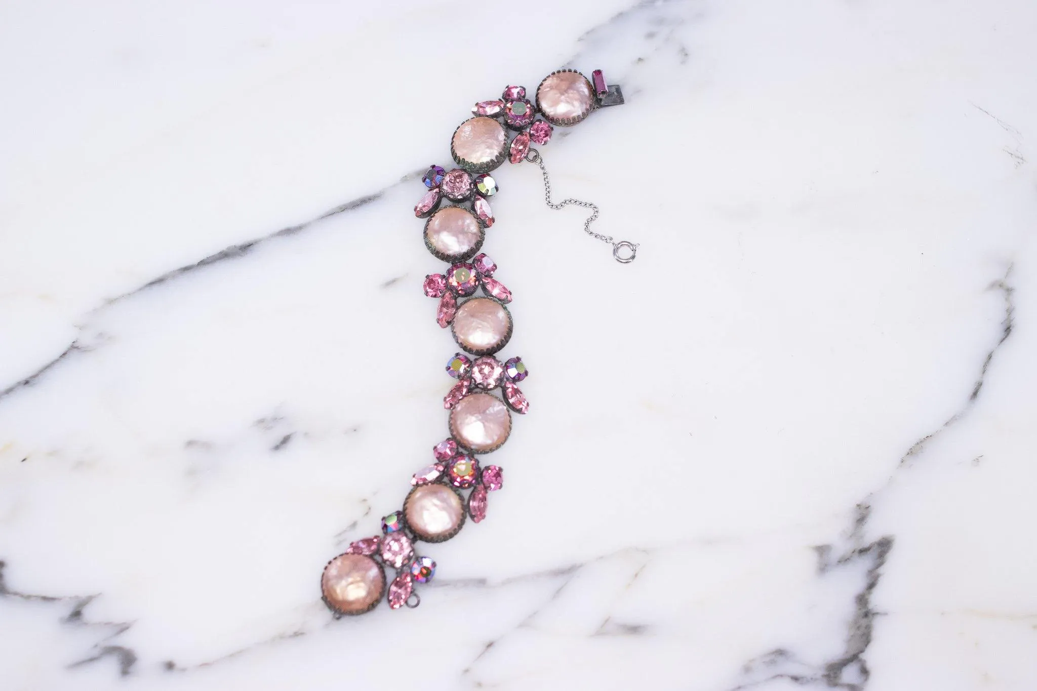 Vintage Pink Pearl and Pink Rhinestone Bracelet