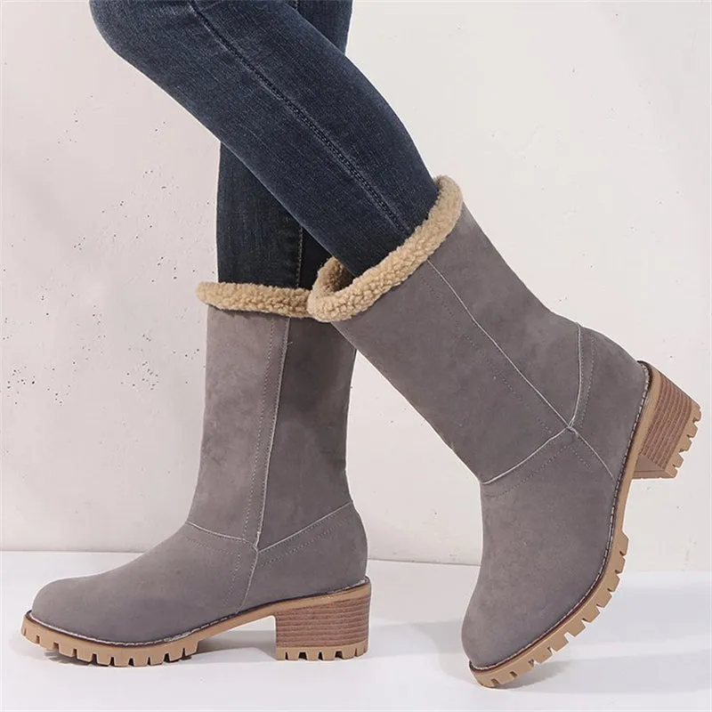 Warm Fur Lining Square Chunky Heel Suede Snow Boots for Women