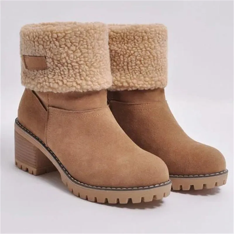 Warm Fur Lining Square Chunky Heel Suede Snow Boots for Women