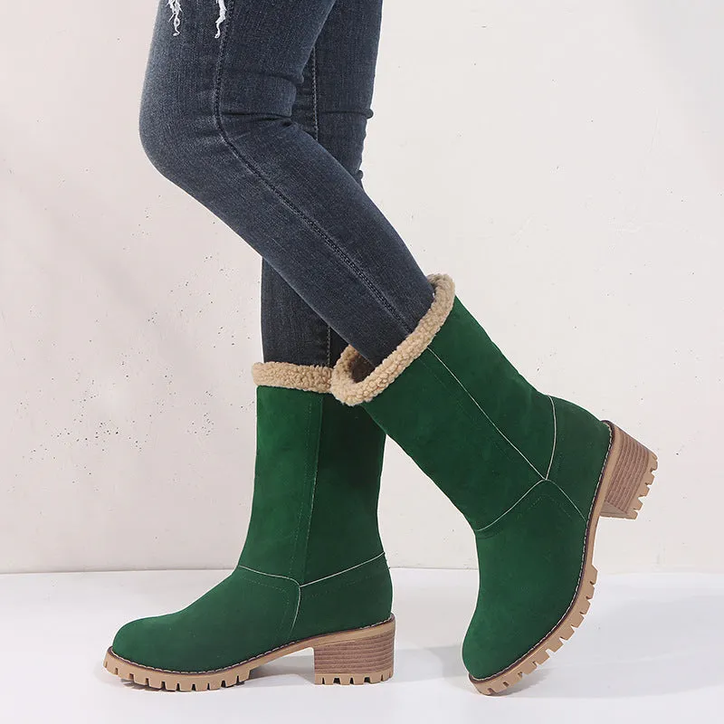 Warm Fur Lining Square Chunky Heel Suede Snow Boots for Women