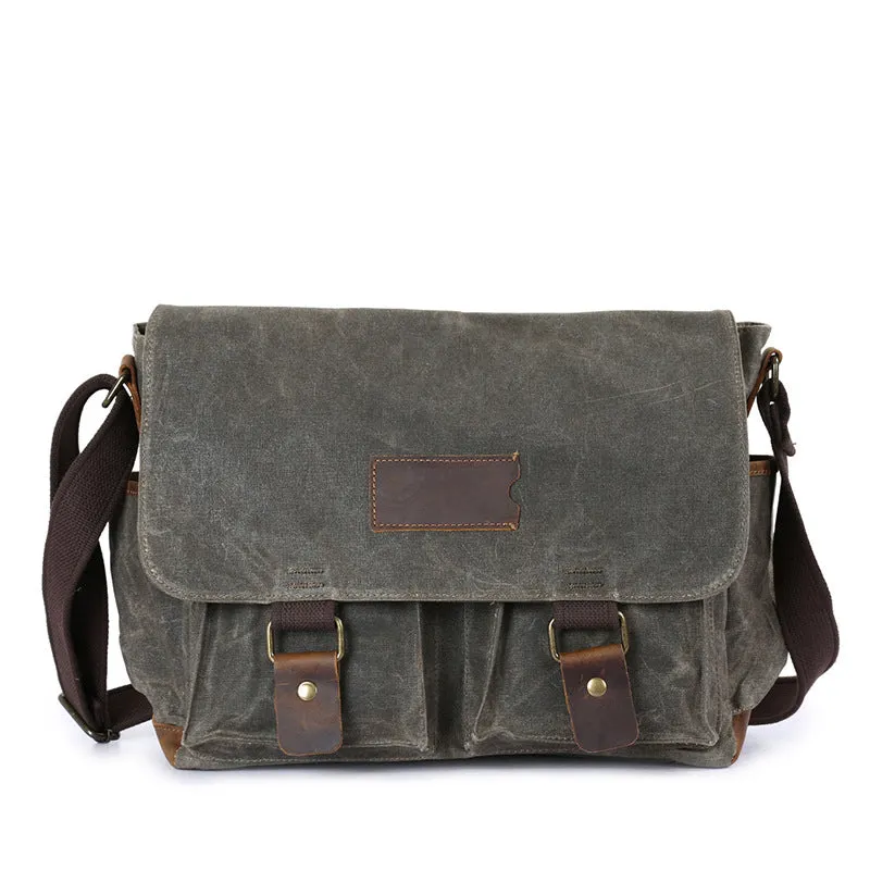 Waxed Canvas Crazy Horse Leather Messenger Bag Crossbody Shoulder Bag Laptop Bag