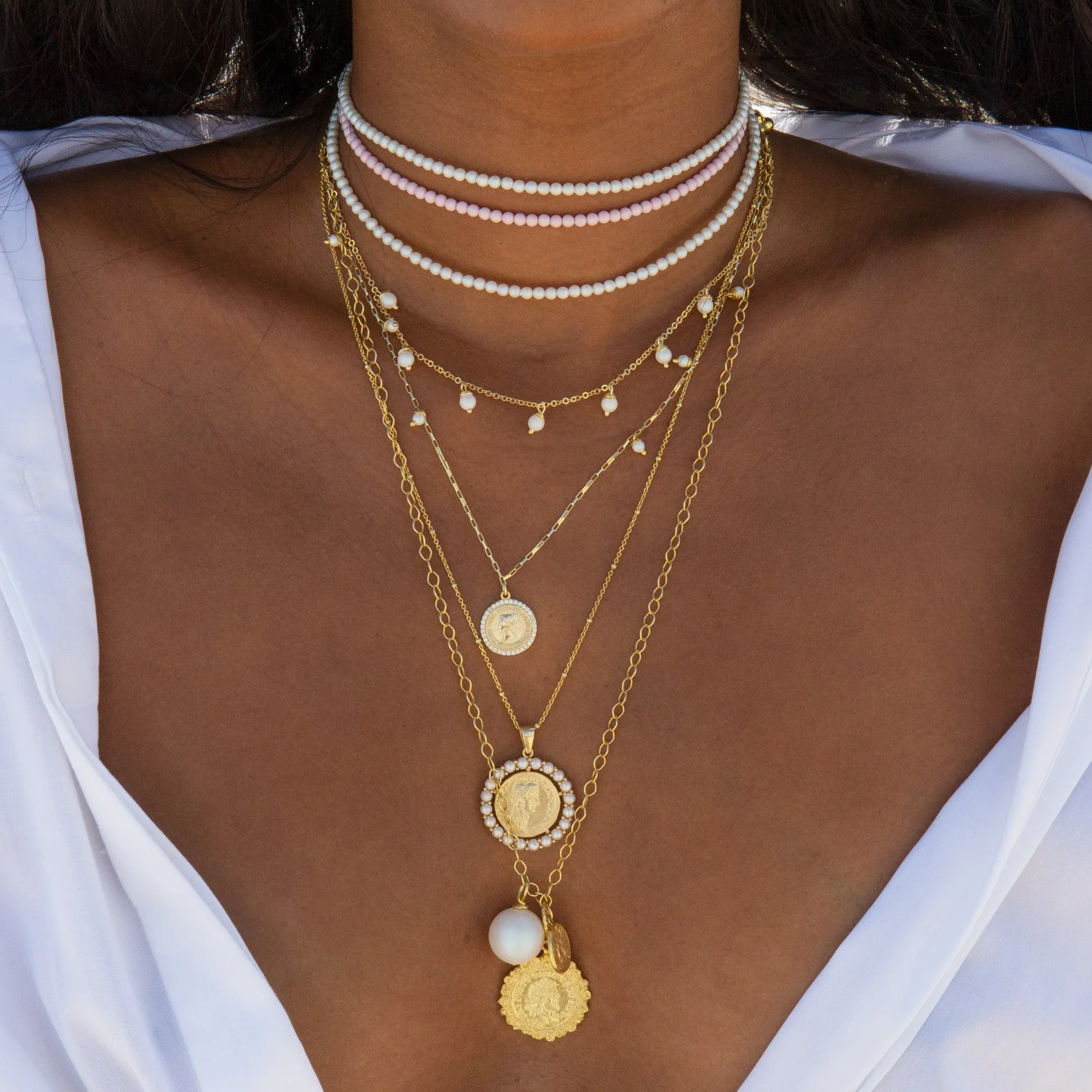 White Pearl Vintage Coin Necklace