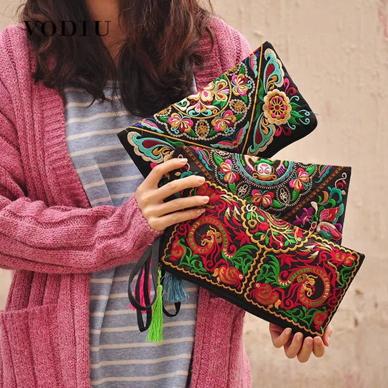 Women Bag Handbags Summer Cotton Clutch Embroidered Purse Phone Coin Tassel Small Floral Female Bolsa Casual Wallet Vintage Sale