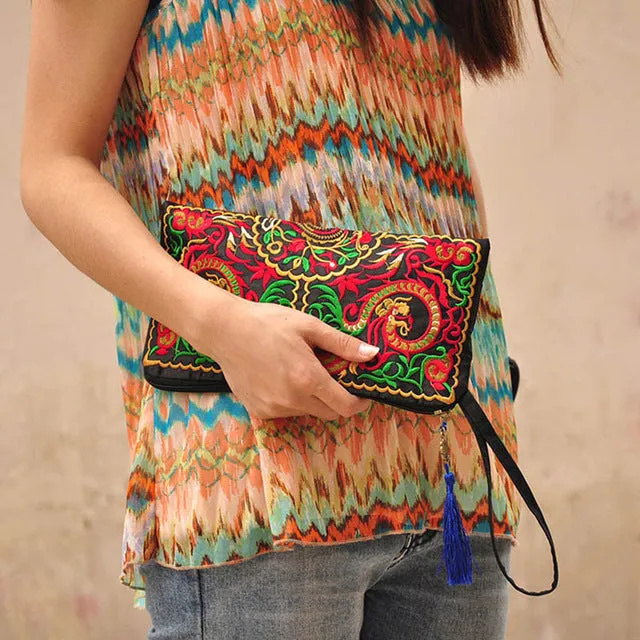 Women Bag Handbags Summer Cotton Clutch Embroidered Purse Phone Coin Tassel Small Floral Female Bolsa Casual Wallet Vintage Sale