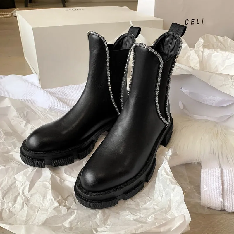 Women Round Toe Crystal Fashion Riding Boots