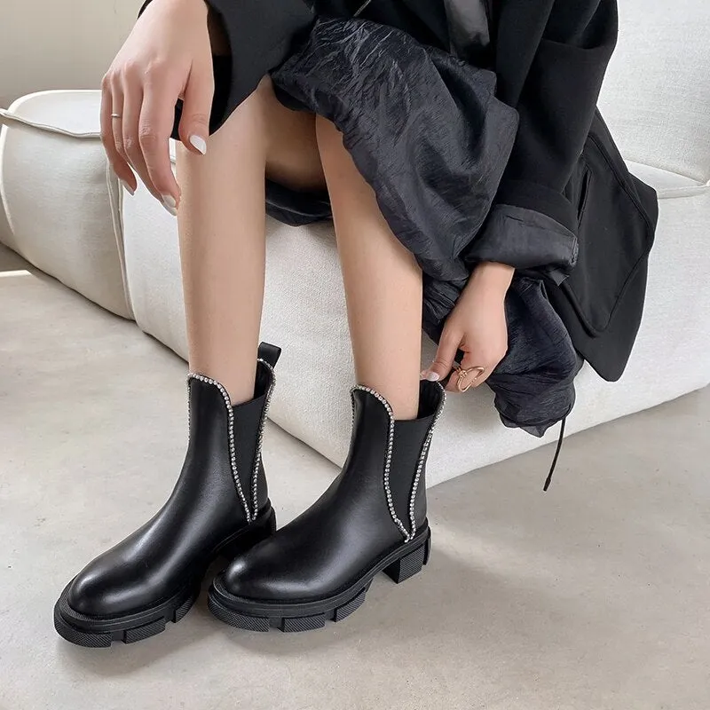 Women Round Toe Crystal Fashion Riding Boots