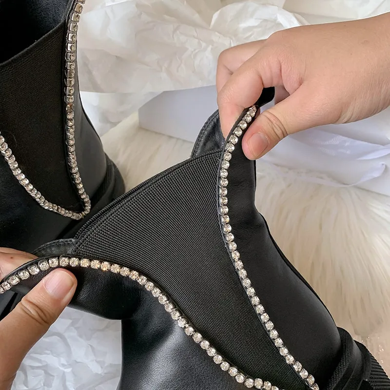Women Round Toe Crystal Fashion Riding Boots