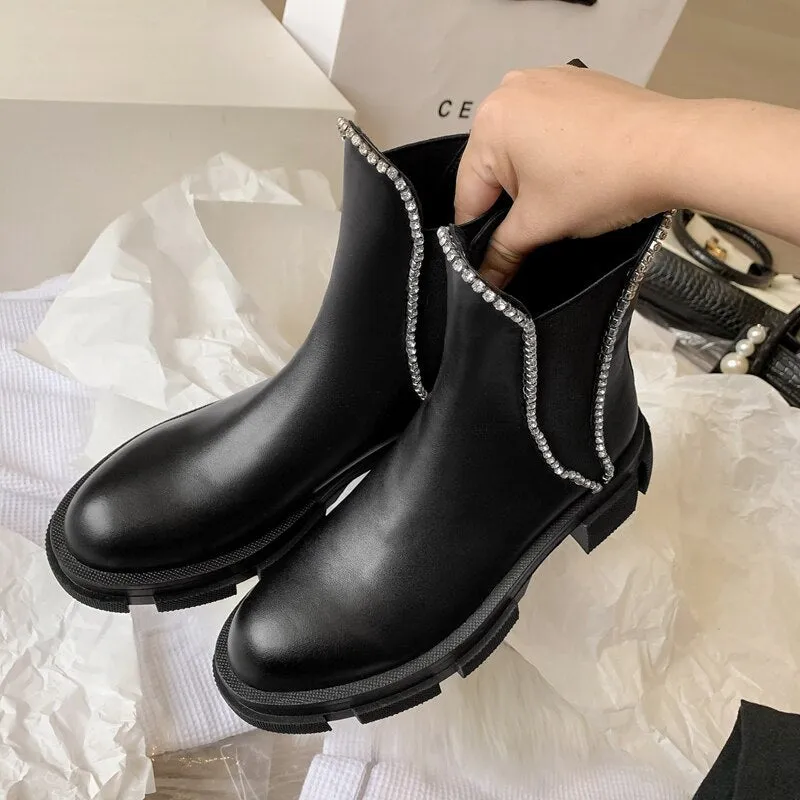 Women Round Toe Crystal Fashion Riding Boots