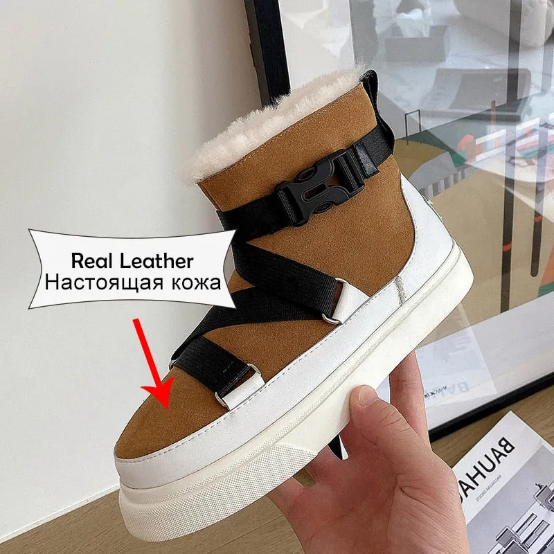 Women Snow Boots Real Leather Warm Fur Winter Shoes