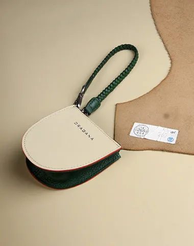 Womens Beige&Green Leather Coin Zip Wallet with Leather Chain Leather Zip Wristlet Purse for Ladies