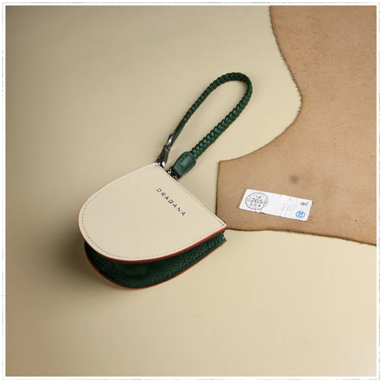 Womens Beige&Green Leather Coin Zip Wallet with Leather Chain Leather Zip Wristlet Purse for Ladies