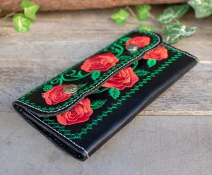 WOMENS LEATHER rose EMBROIDERED slim trifold leather hand wallet purse