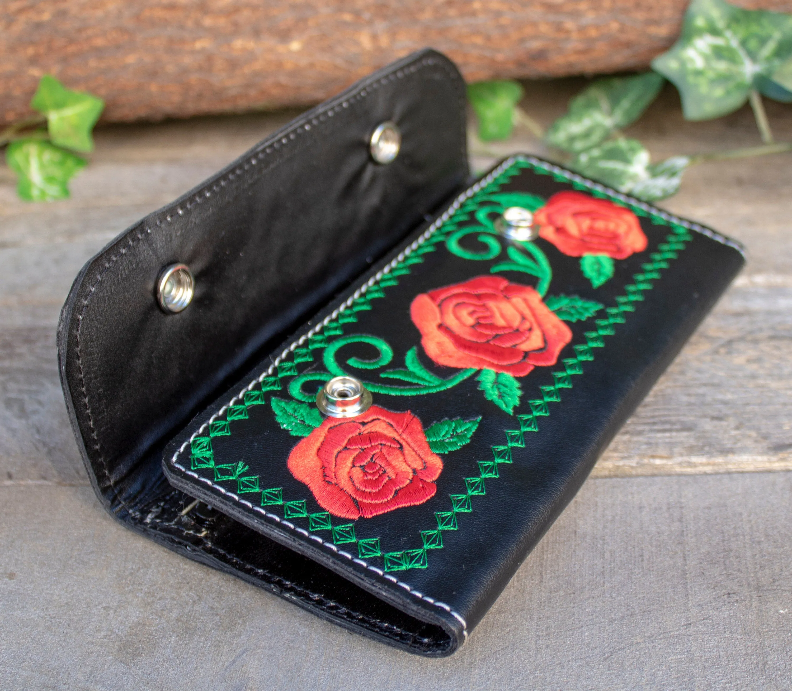 WOMENS LEATHER rose EMBROIDERED slim trifold leather hand wallet purse
