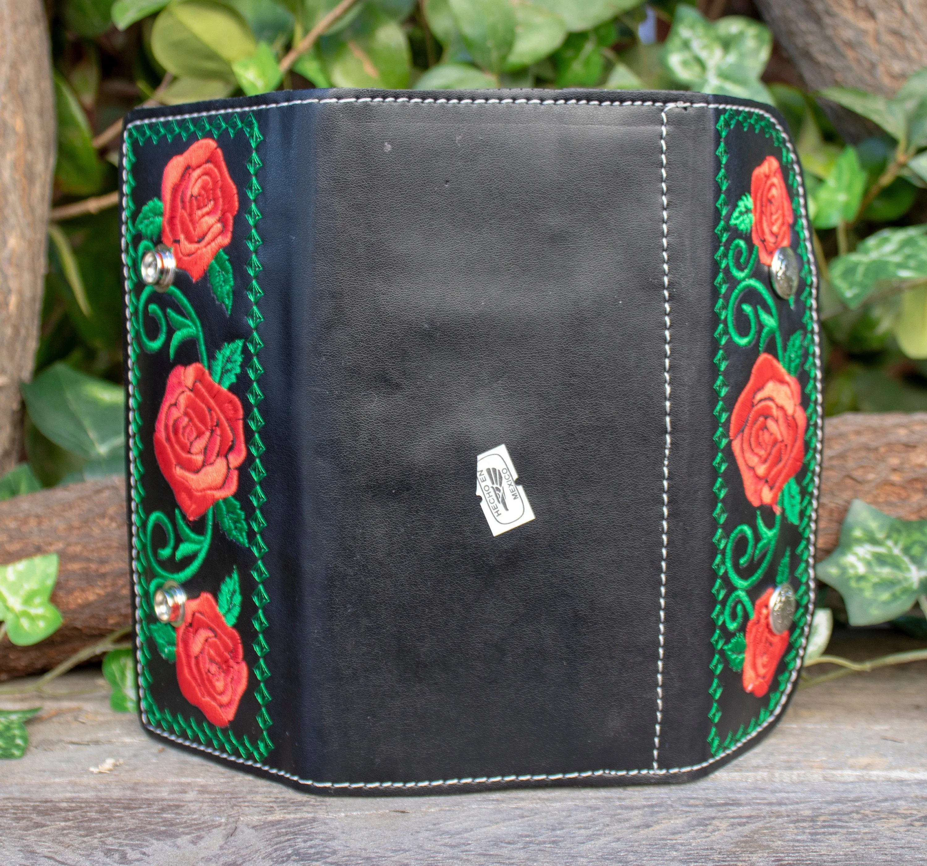 WOMENS LEATHER rose EMBROIDERED slim trifold leather hand wallet purse