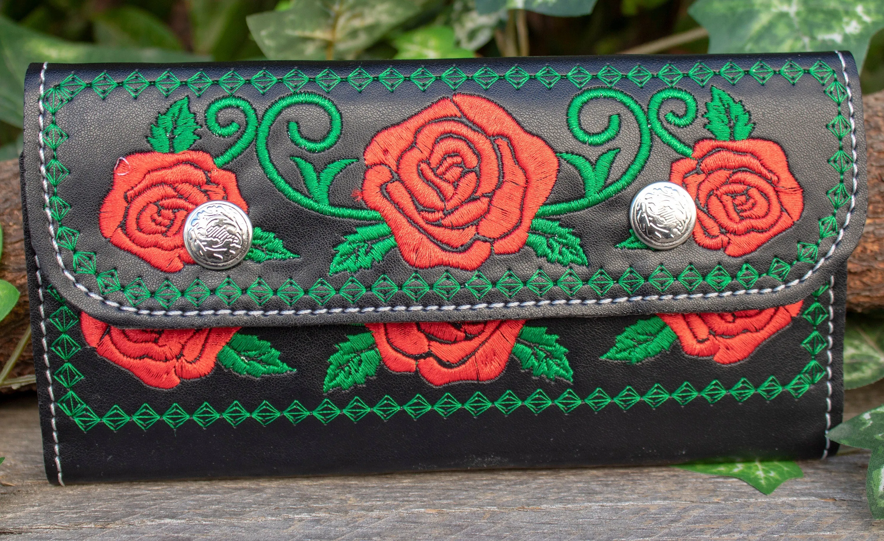 WOMENS LEATHER rose EMBROIDERED slim trifold leather hand wallet purse