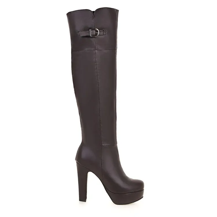 Women's Pu Leather Belts Buckles Chunky Heel Platform Over the Knee Boots